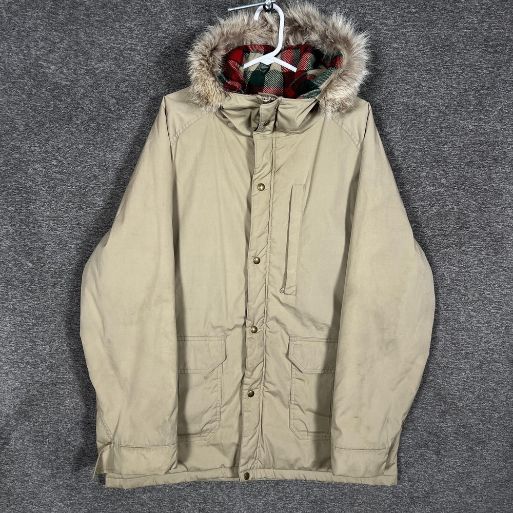 Vintage Woolrich Coat Mens Medium Beige‎ Hooded Parka Fur Trim Lined USA 33222